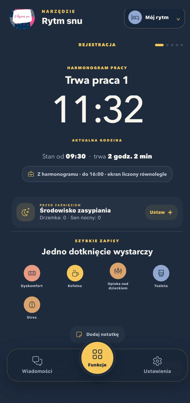 Ekran Mojego rytmu snu w aplikacji